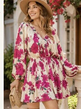 Entro Satin Floral Balloon Sleeve Mini Dress Size L Ivory Fuchsia